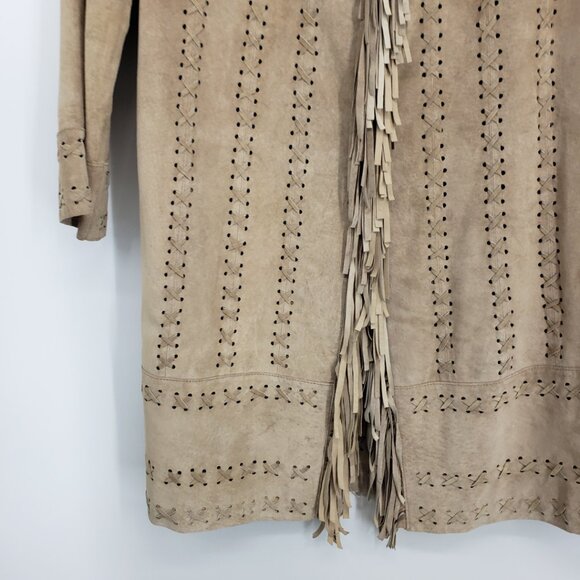 Newport News Vintage Fringe Trim Suede Leather Long Jacket XL Womens Boho Tan - Picture 5 of 9